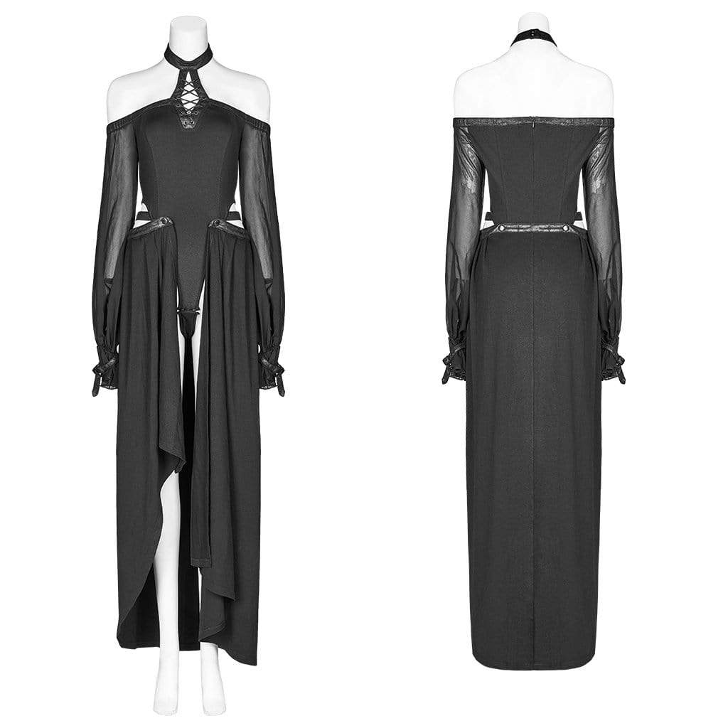 Women's Goth Halterneck Jumpsuit With Detachable Half Skirt