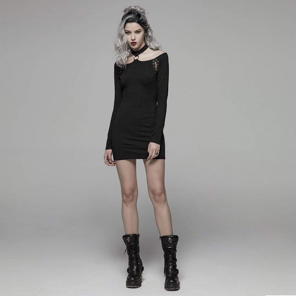 Women's Goth Halterneck Long Sleeved Black Little Dress