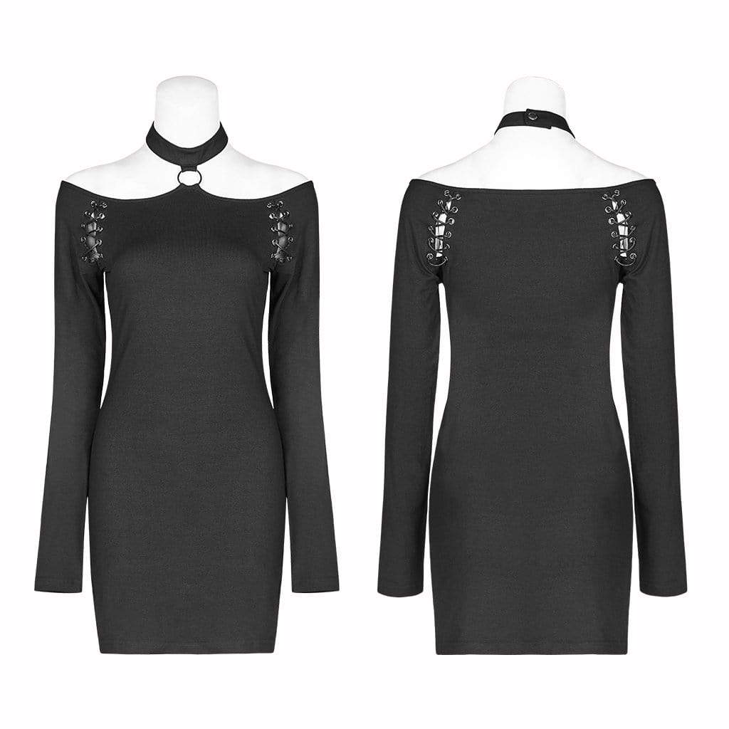 Women's Goth Halterneck Long Sleeved Black Little Dress