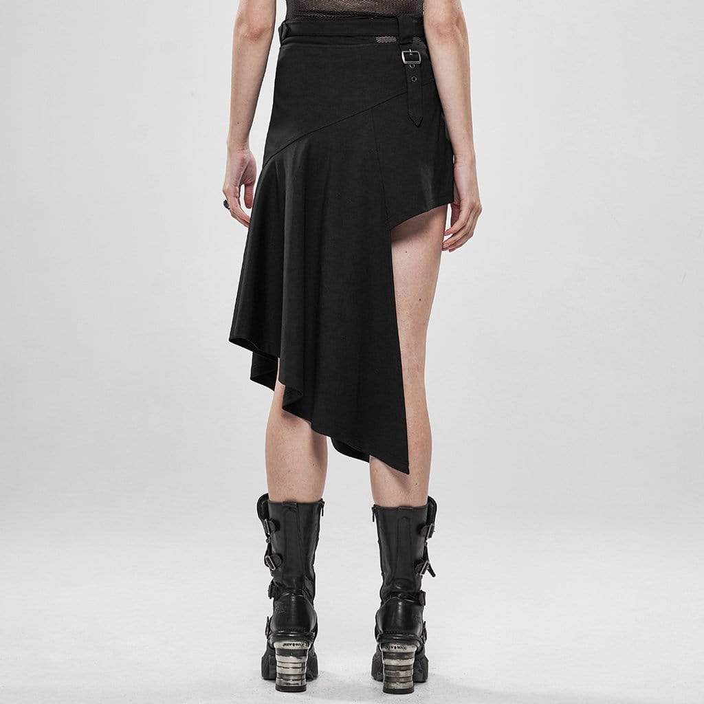 Women's Goth High-waisted Irregular Black Skirts With Waist Belt