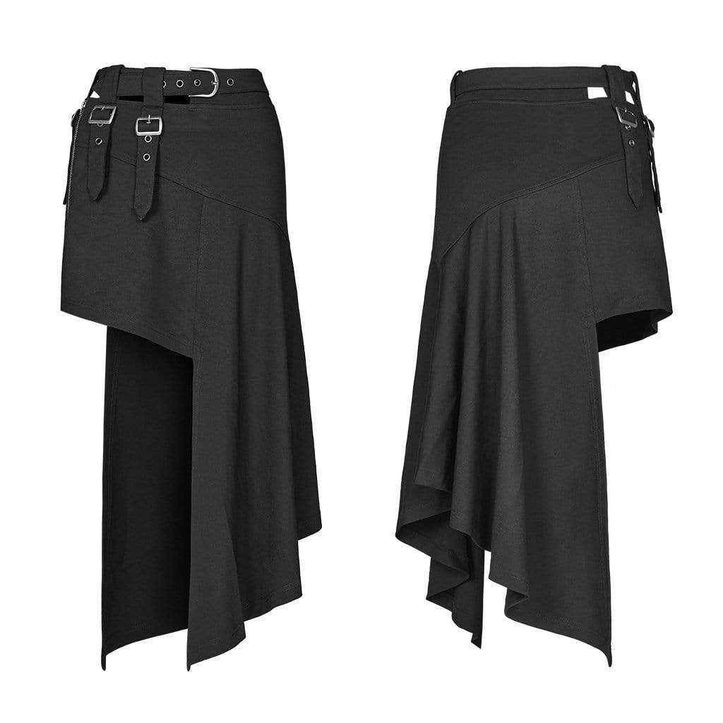 Women's Goth High-waisted Irregular Black Skirts With Waist Belt