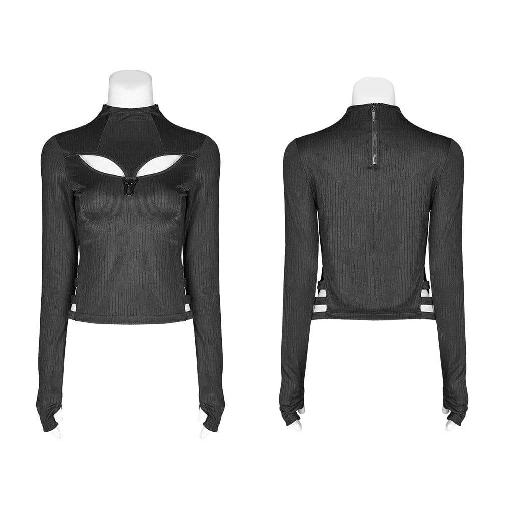 Women's Goth Hollow Out Long Sleeved Slim Fitted T-shirts