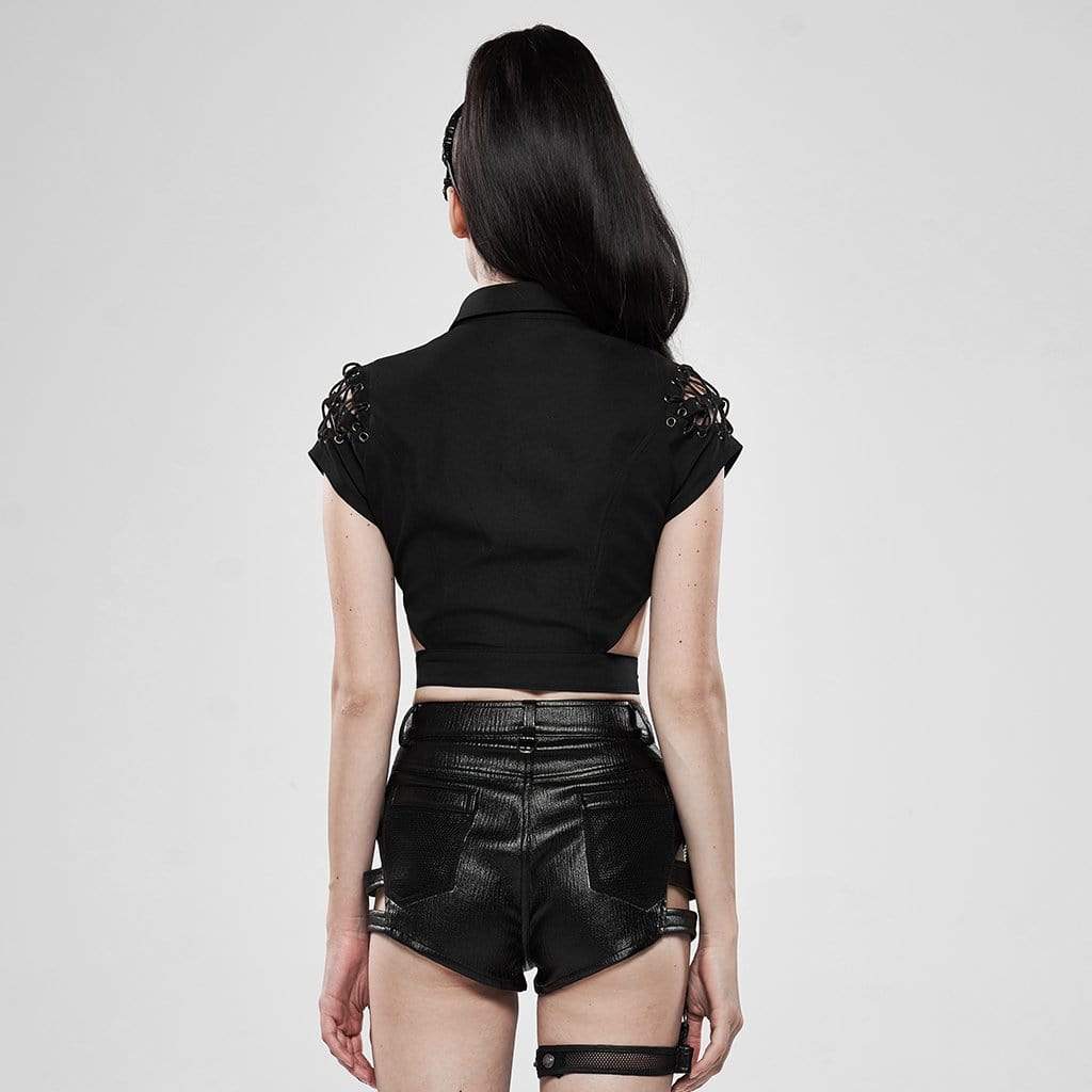 Women's Goth Hollow Out Zipper Fly Black Shirts With Waist Belt