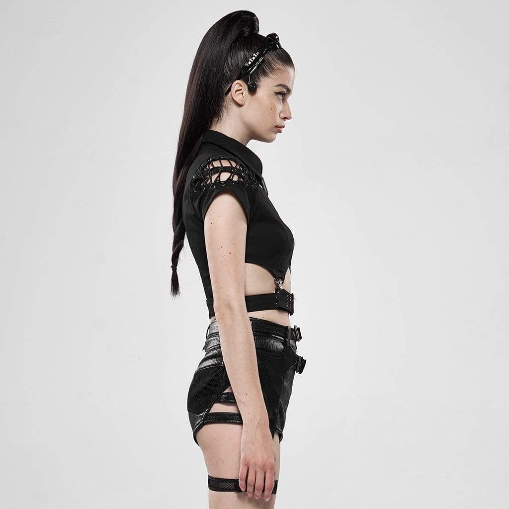 Women's Goth Hollow Out Zipper Fly Black Shirts With Waist Belt