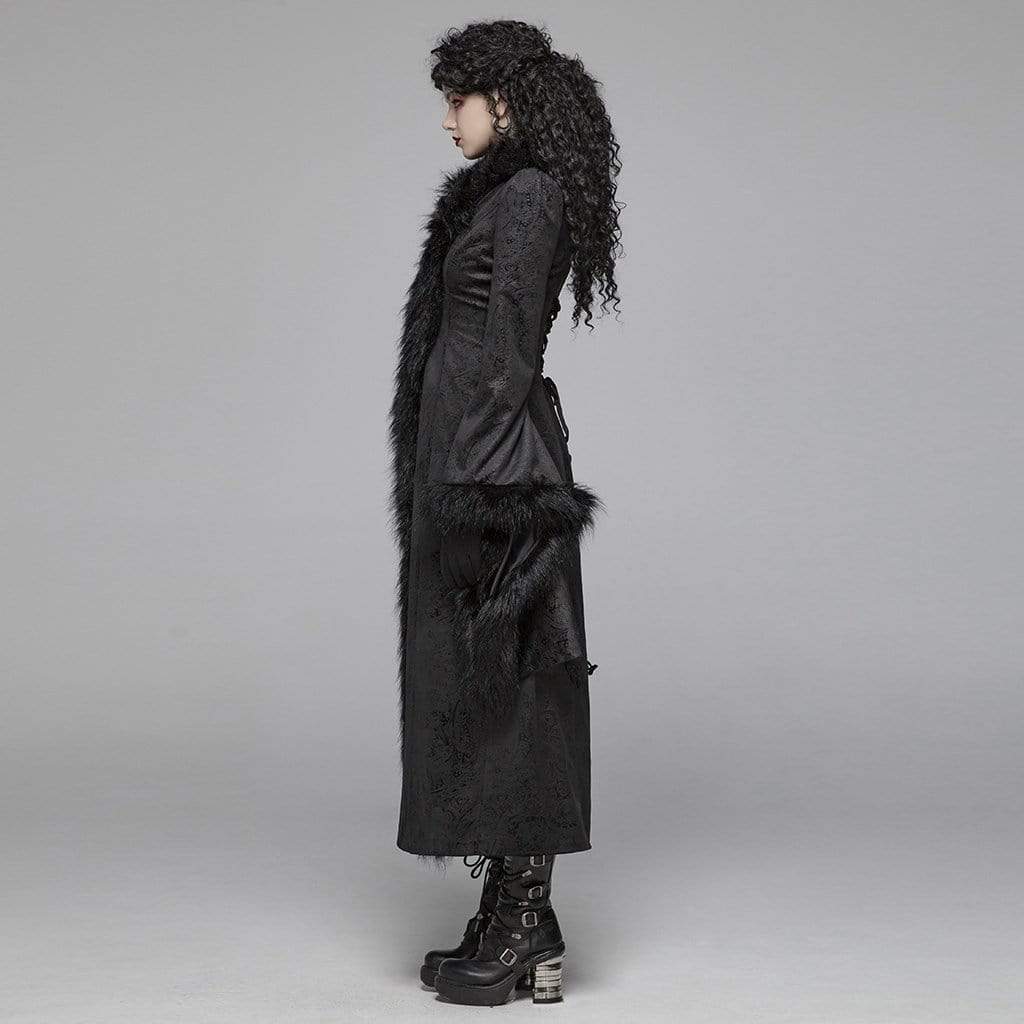 Women's Goth Jacquard Flare Sleeved Woolen Maxi Overcoat With Fur Collar