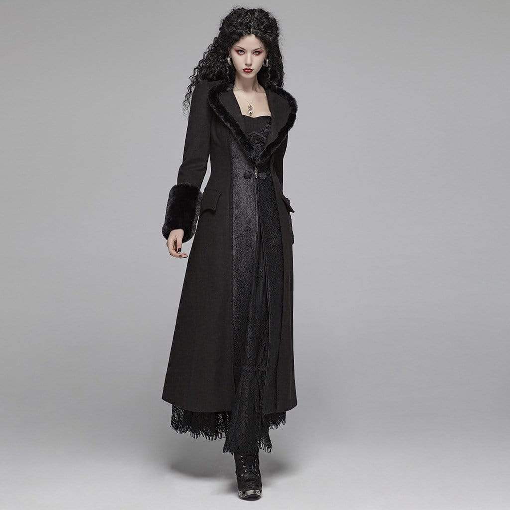 Women's Goth Jacquard Turn-Down Collar Woolen Overcoat