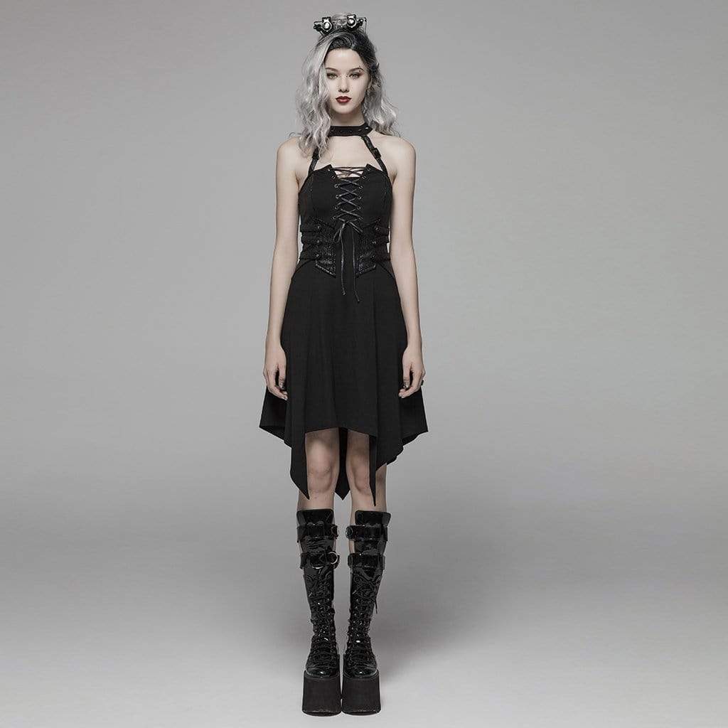 Women's Goth Lacing Halterneck Irregular Dress