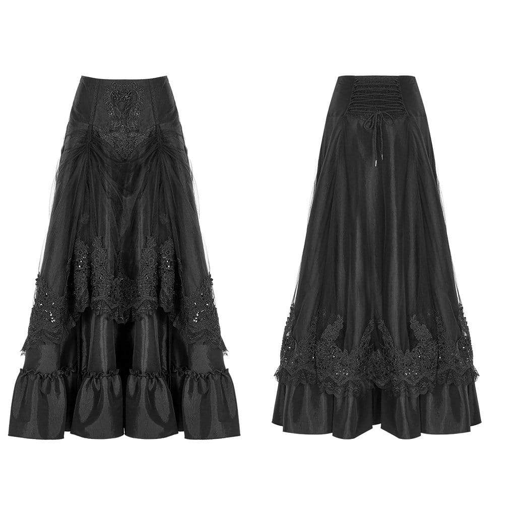 Women's Goth Multilayered Flower Embroidered Long Skirts Black