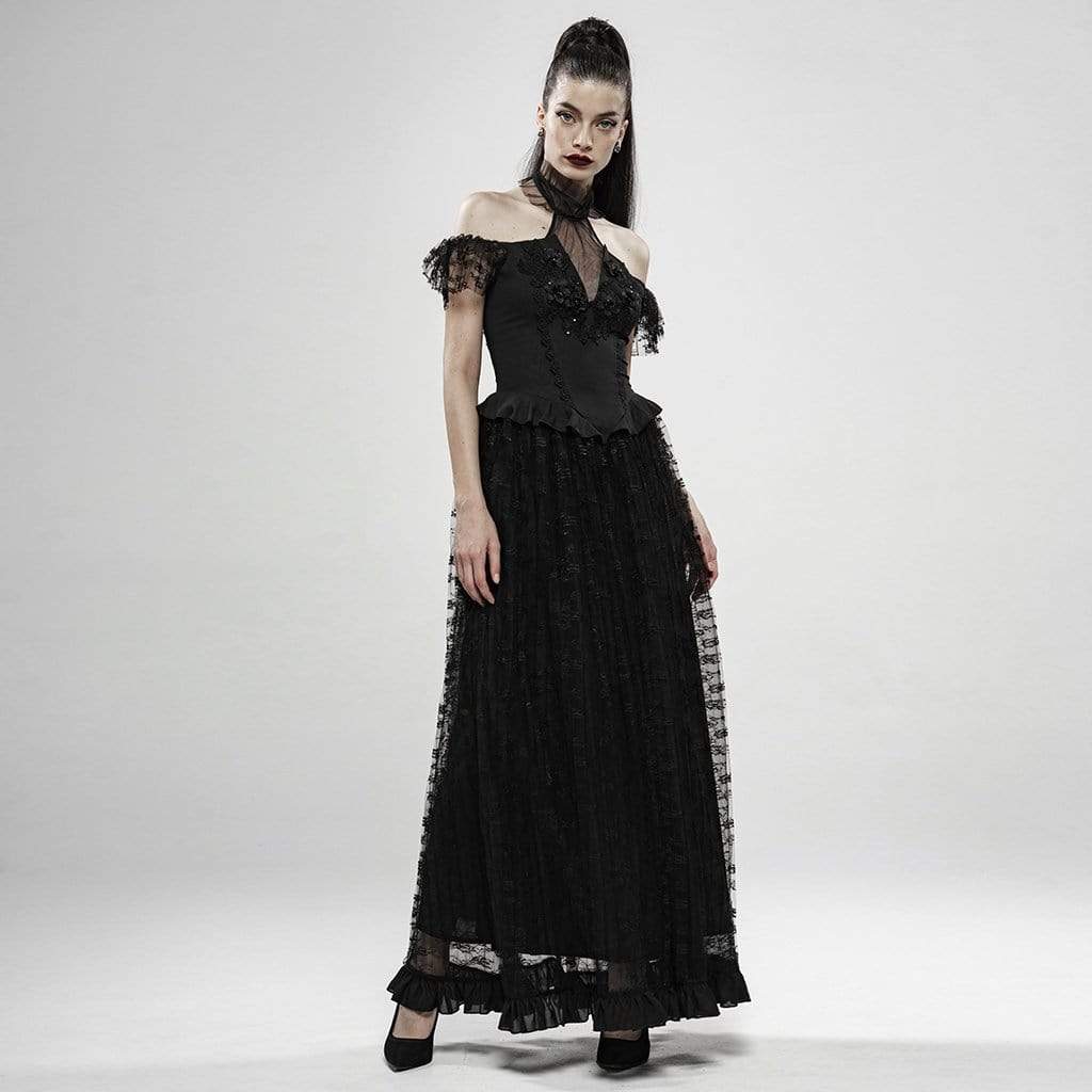 Women's Goth Off Shoulder Halterneck Lace Sleeved Dresses