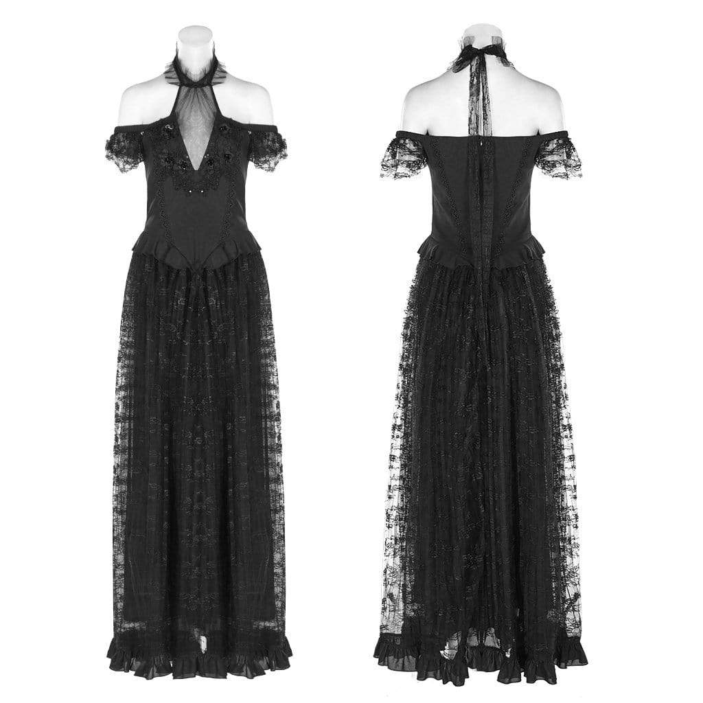 Women's Goth Off Shoulder Halterneck Lace Sleeved Dresses