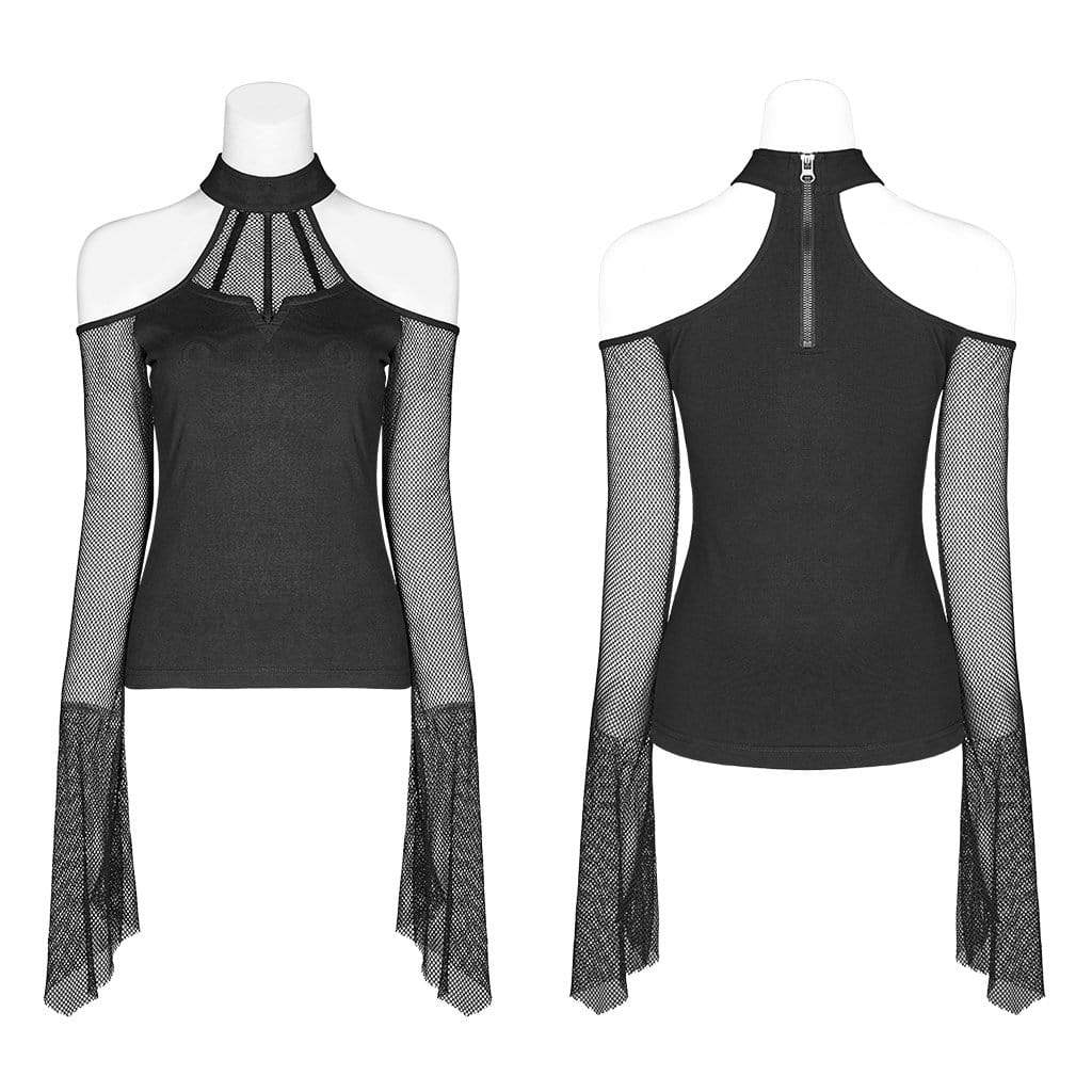 Women's Goth Off Shoulder Halterneck Toned Horn Sleeved Mesh Tops