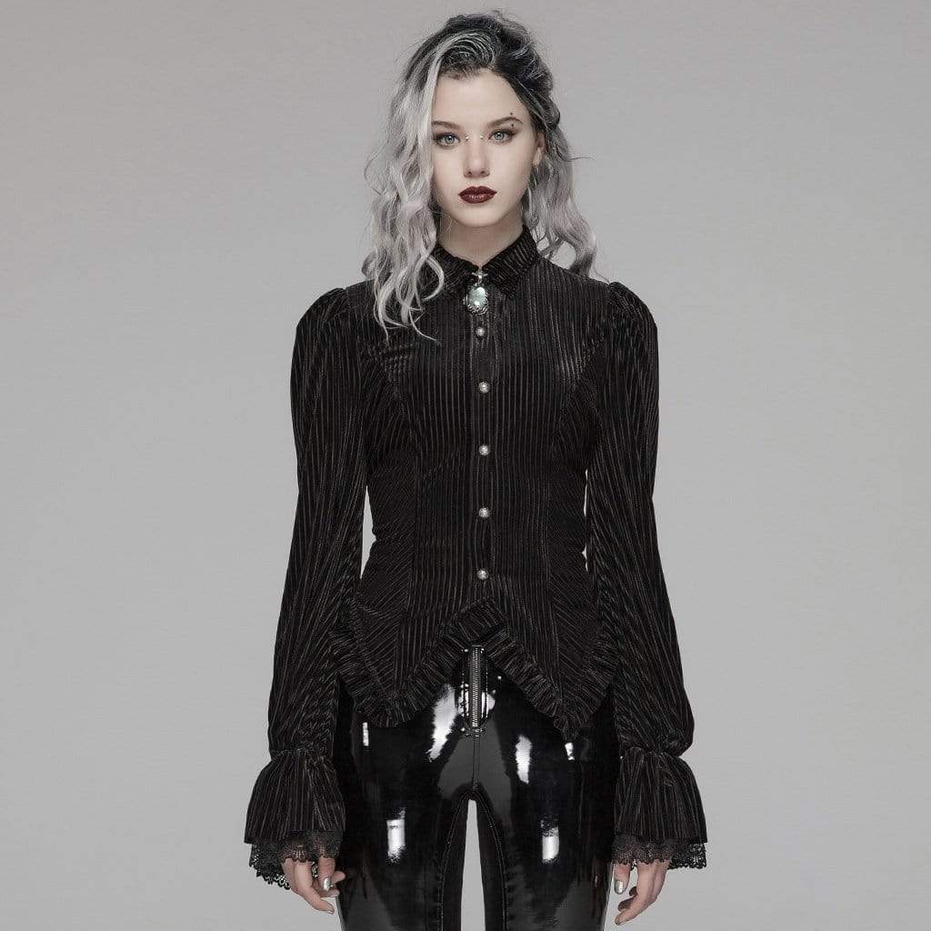 Women's Goth Pinstripes Puff Sleeves Velet Shirts