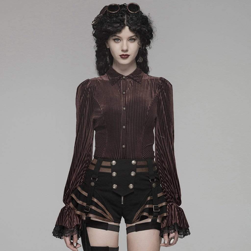 Women's Goth Pinstripes Puff Sleeves Velet Shirts