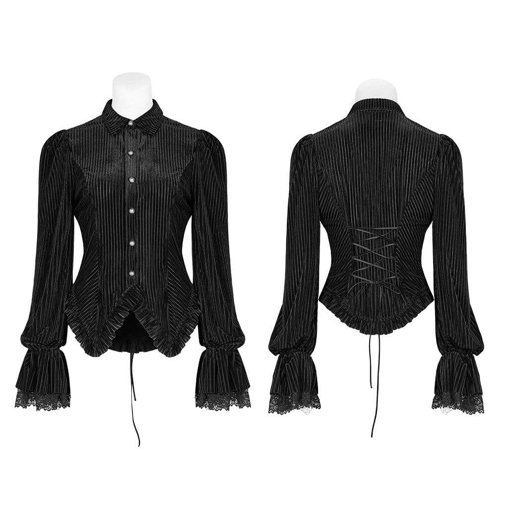 Women's Goth Pinstripes Puff Sleeves Velet Shirts