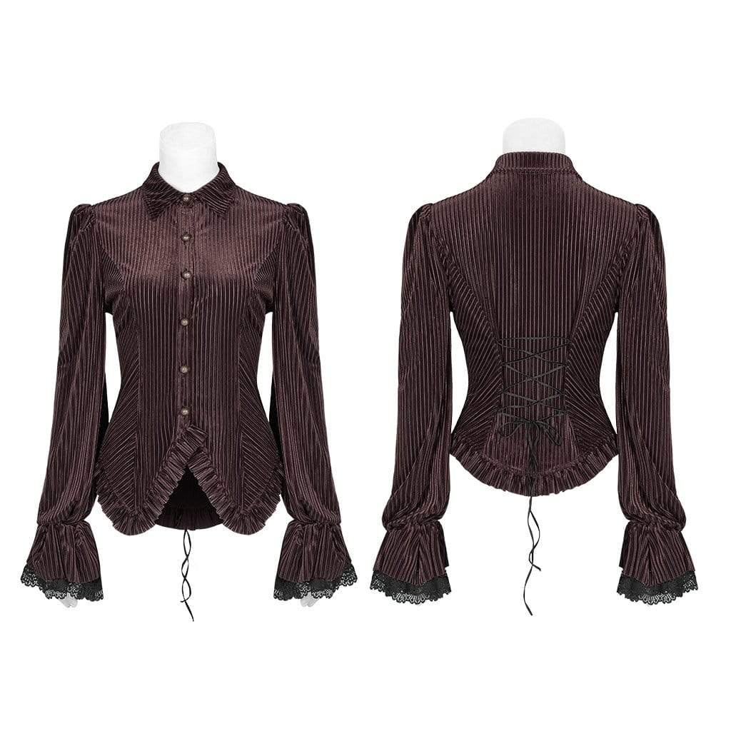 Women's Goth Pinstripes Puff Sleeves Velet Shirts