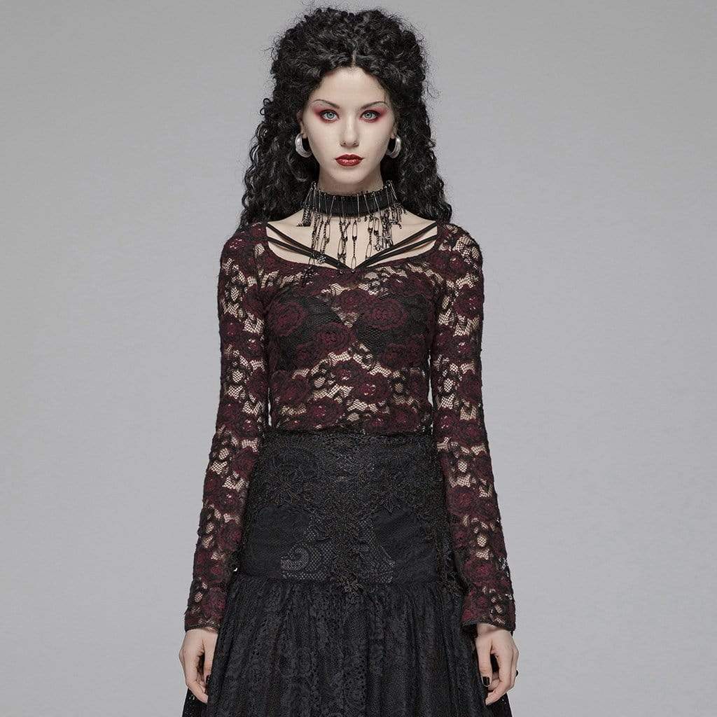 Women's Goth Sheer Floral Lace Long Sleeved Tops