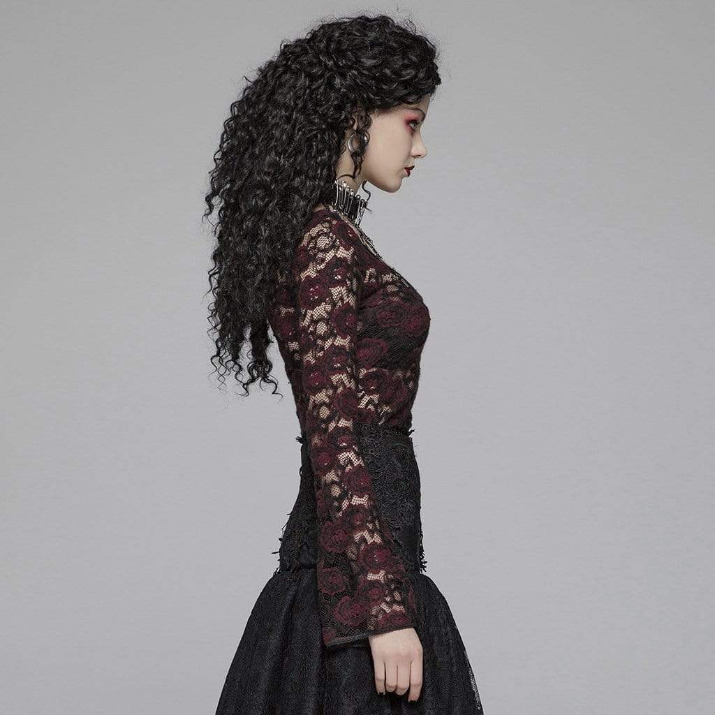 Women's Goth Sheer Floral Lace Long Sleeved Tops