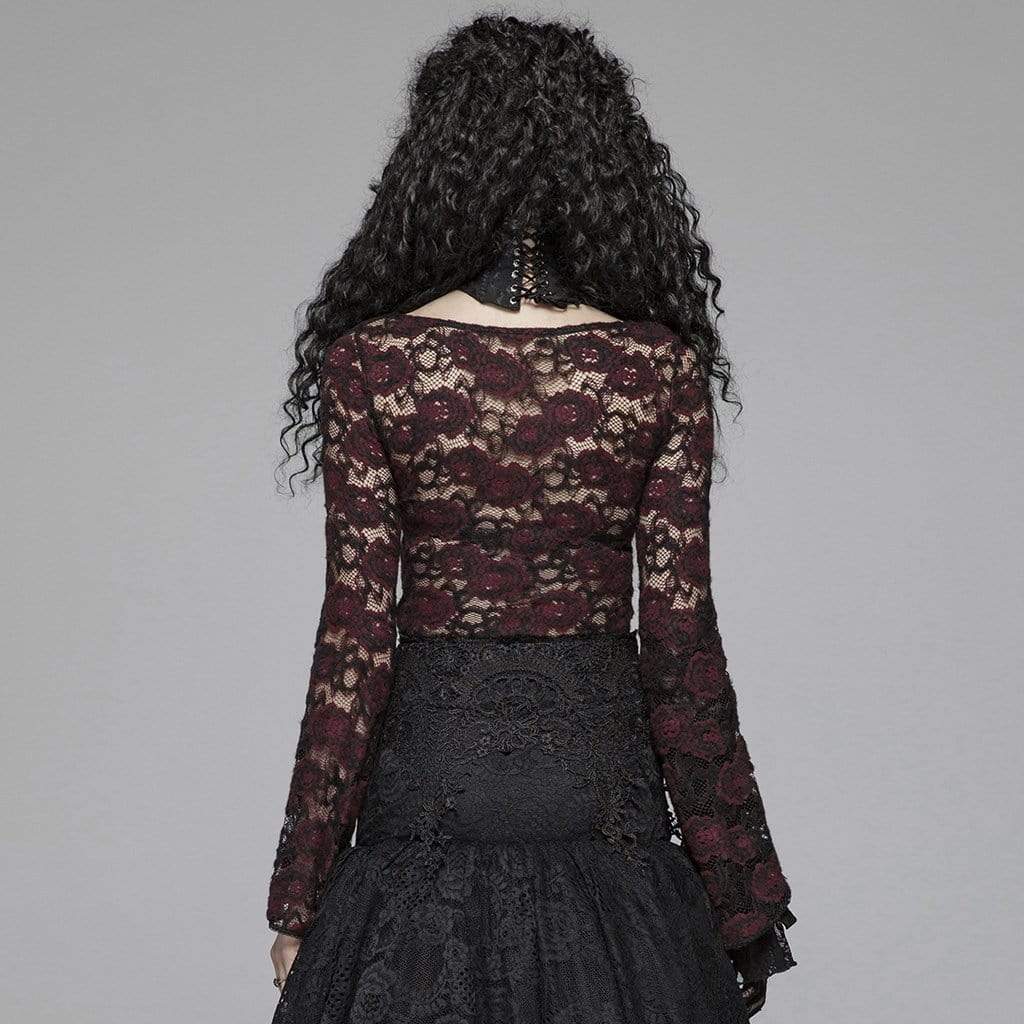 Women's Goth Sheer Floral Lace Long Sleeved Tops