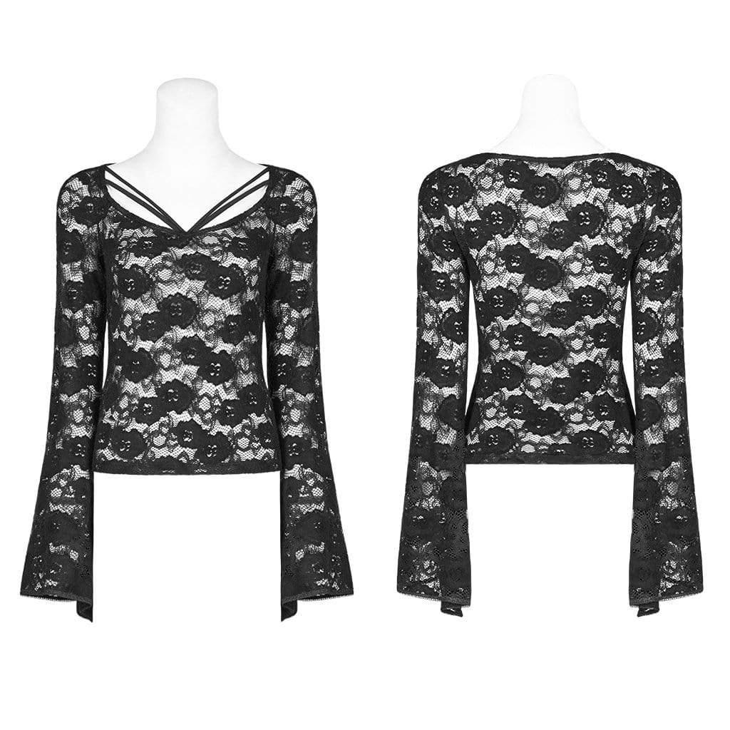 Women's Goth Sheer Floral Lace Long Sleeved Tops