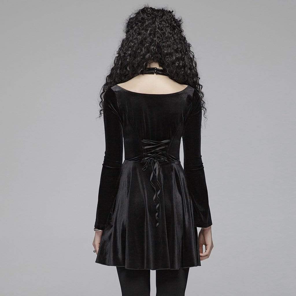 Women's Goth Stand Collar Floral Lace Long Sleeved Dress