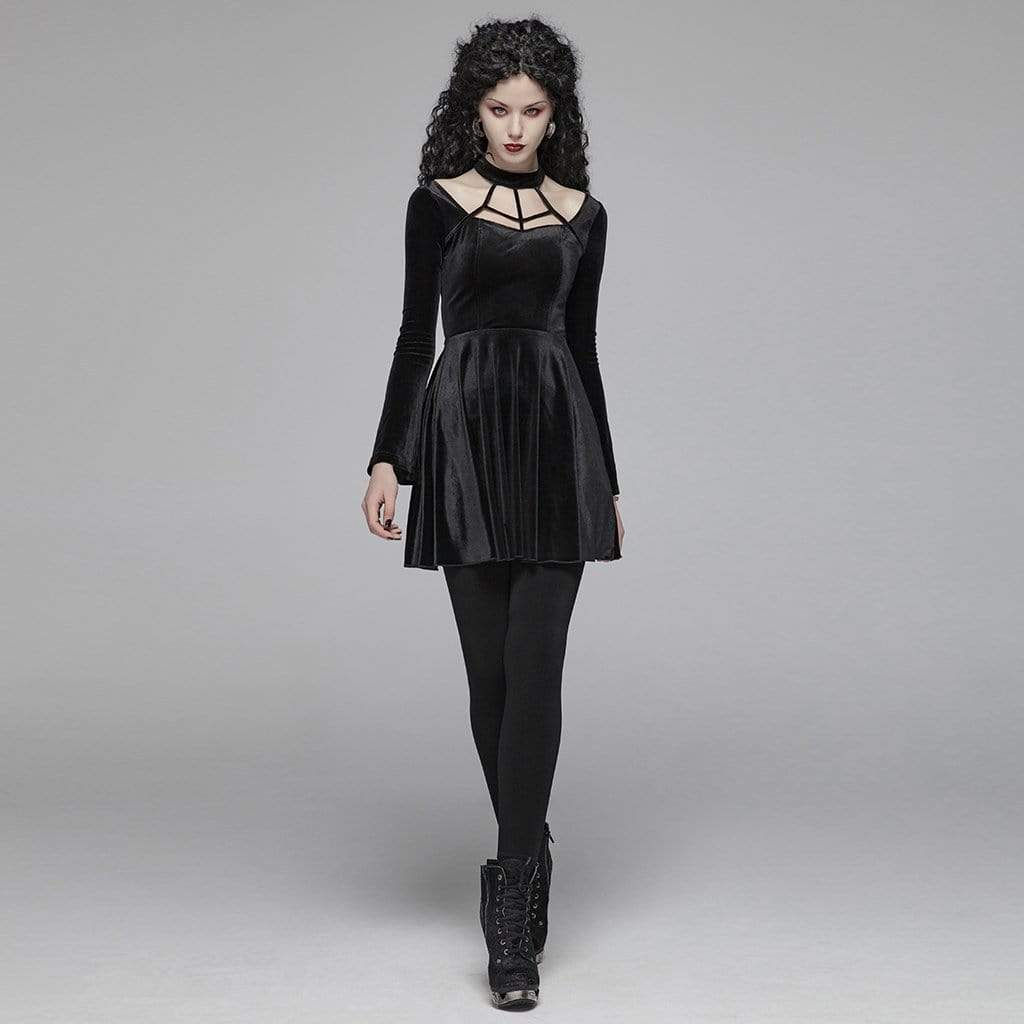 Women's Goth Stand Collar Floral Lace Long Sleeved Dress