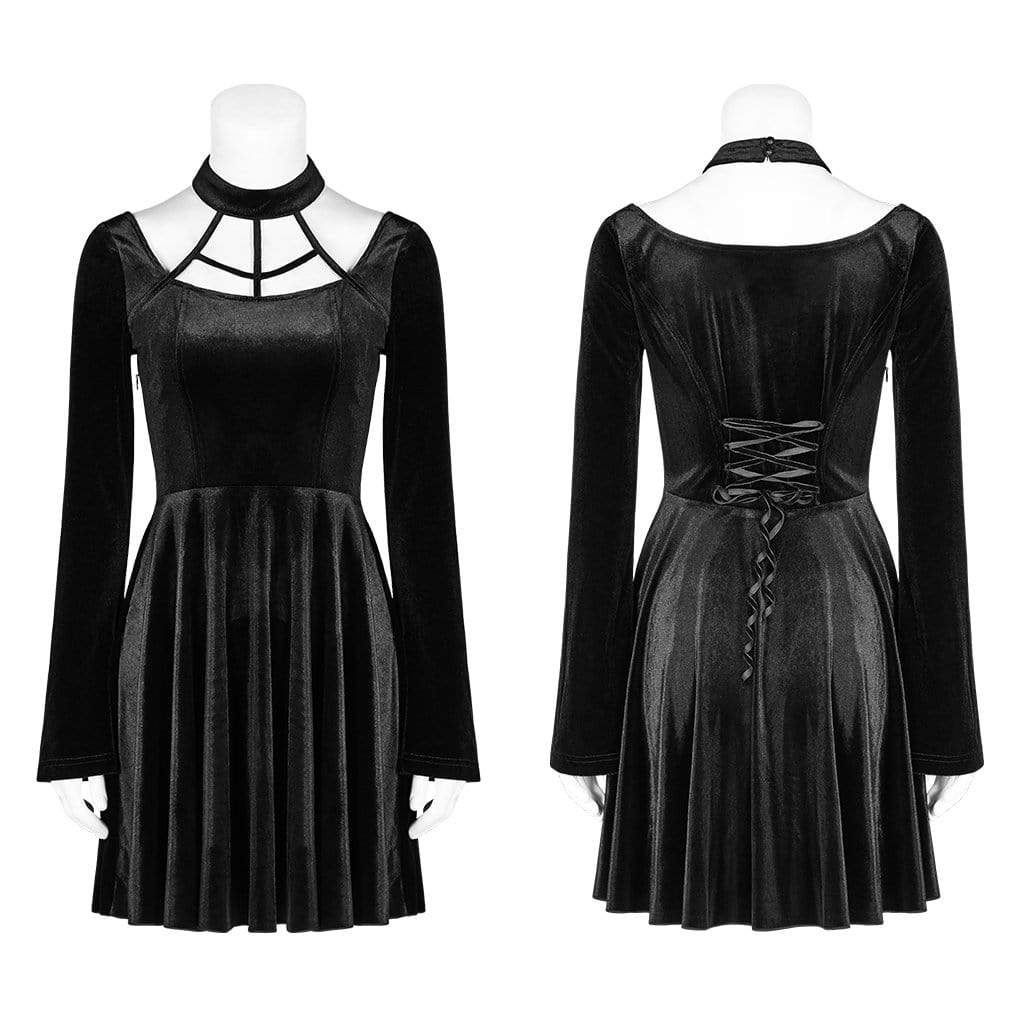 Women's Goth Stand Collar Floral Lace Long Sleeved Dress