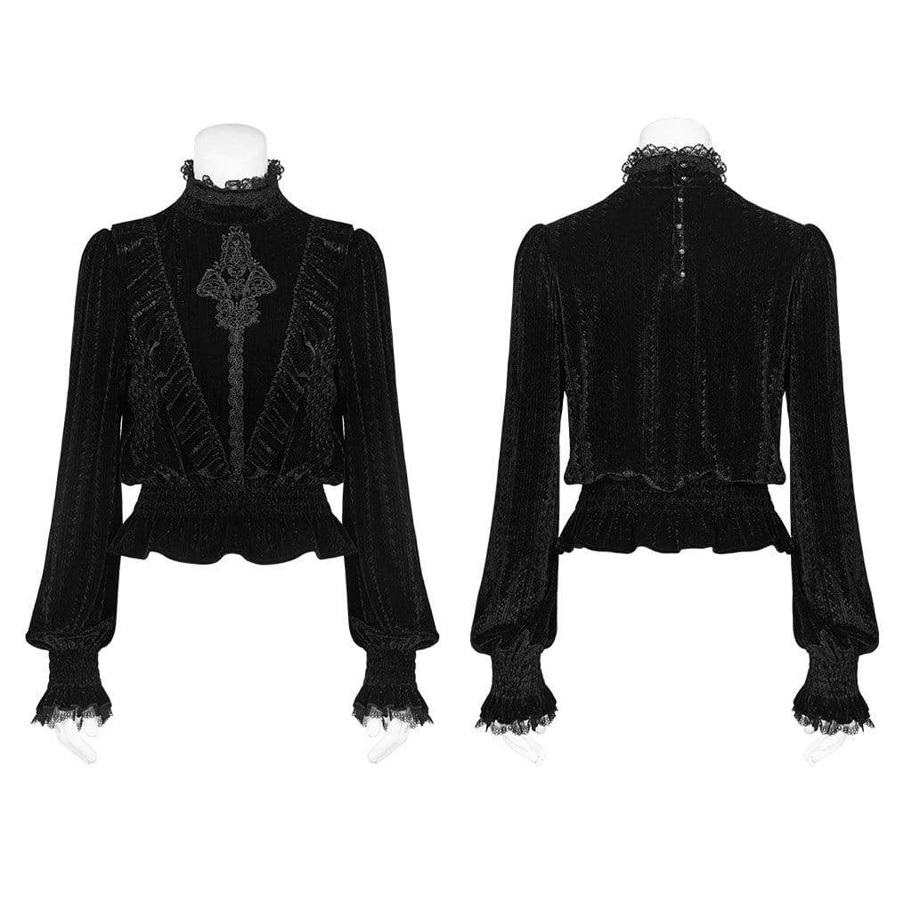 Women's Goth Stand Collar Floral Lace Velet Tops