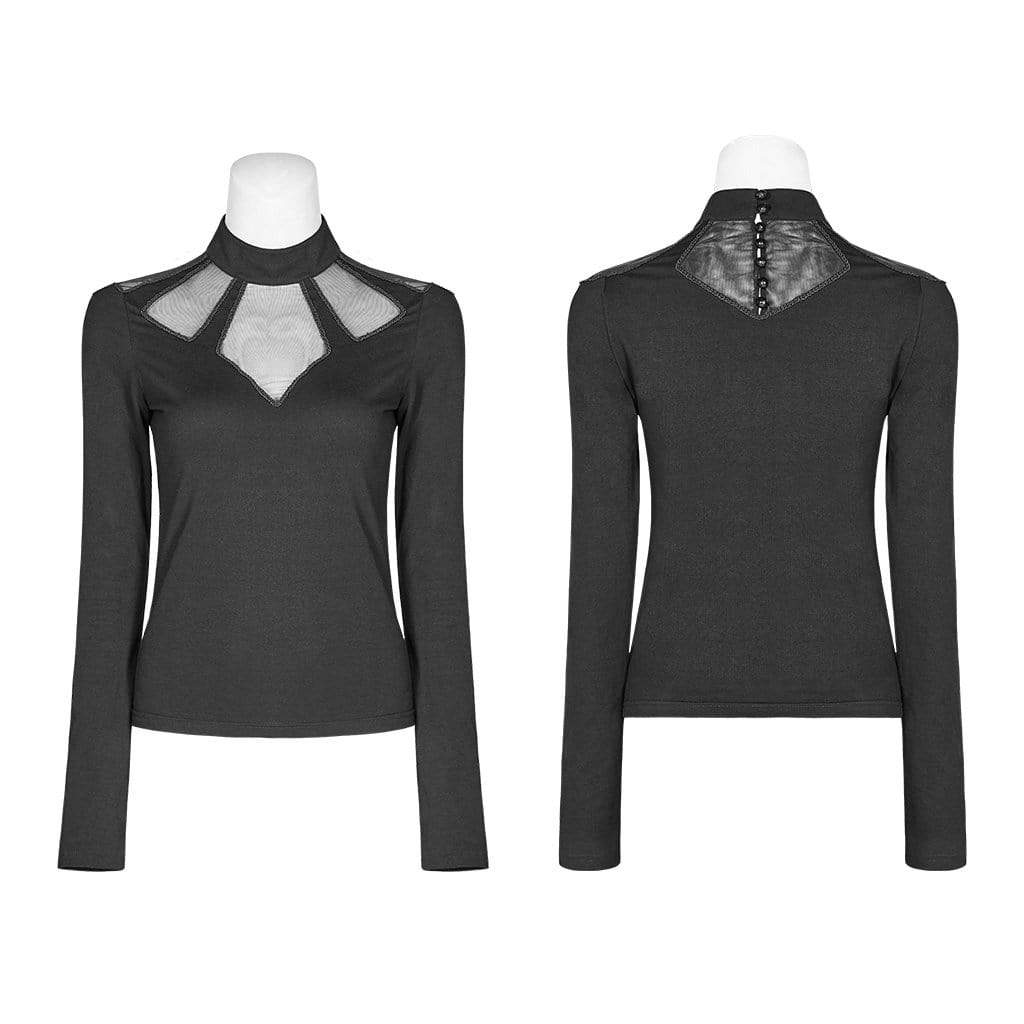 Women's Goth Stand Collar Mesh Sheer Long Sleeved T-shirts