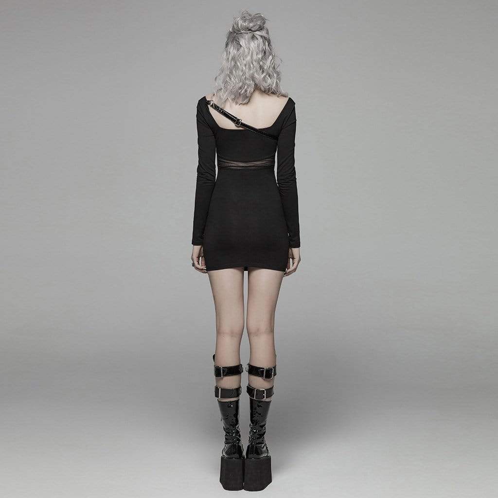 Women's Goth Straps Long Sleeved Sheer Black Little Dress