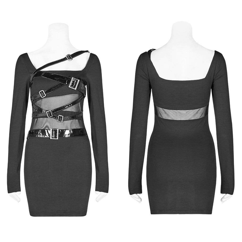 Women's Goth Straps Long Sleeved Sheer Black Little Dress