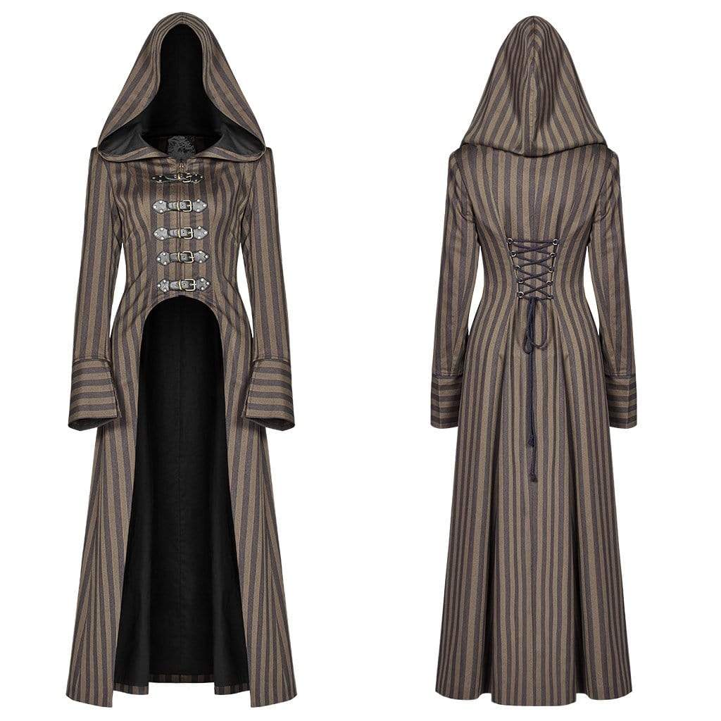 Women's Goth Stripes Hooded Swallow Tailed Overcoat Coffee