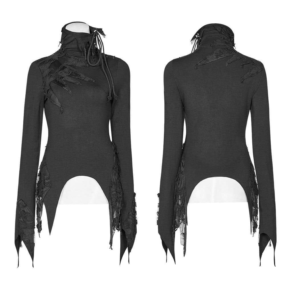 Women's Goth Turtleneck Flare Sleeved Iregular T-shirts