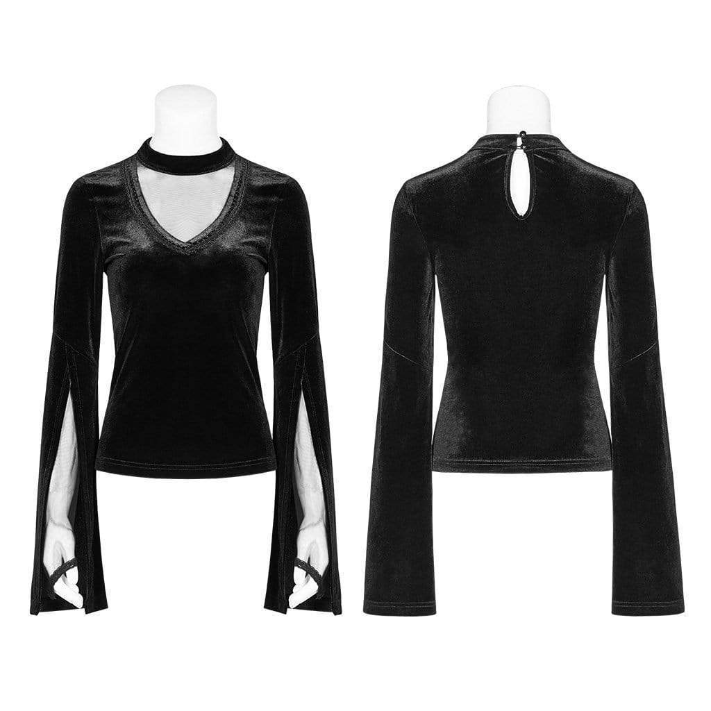 Women's Goth V-neck Velvet Tops With Slit Sleeves