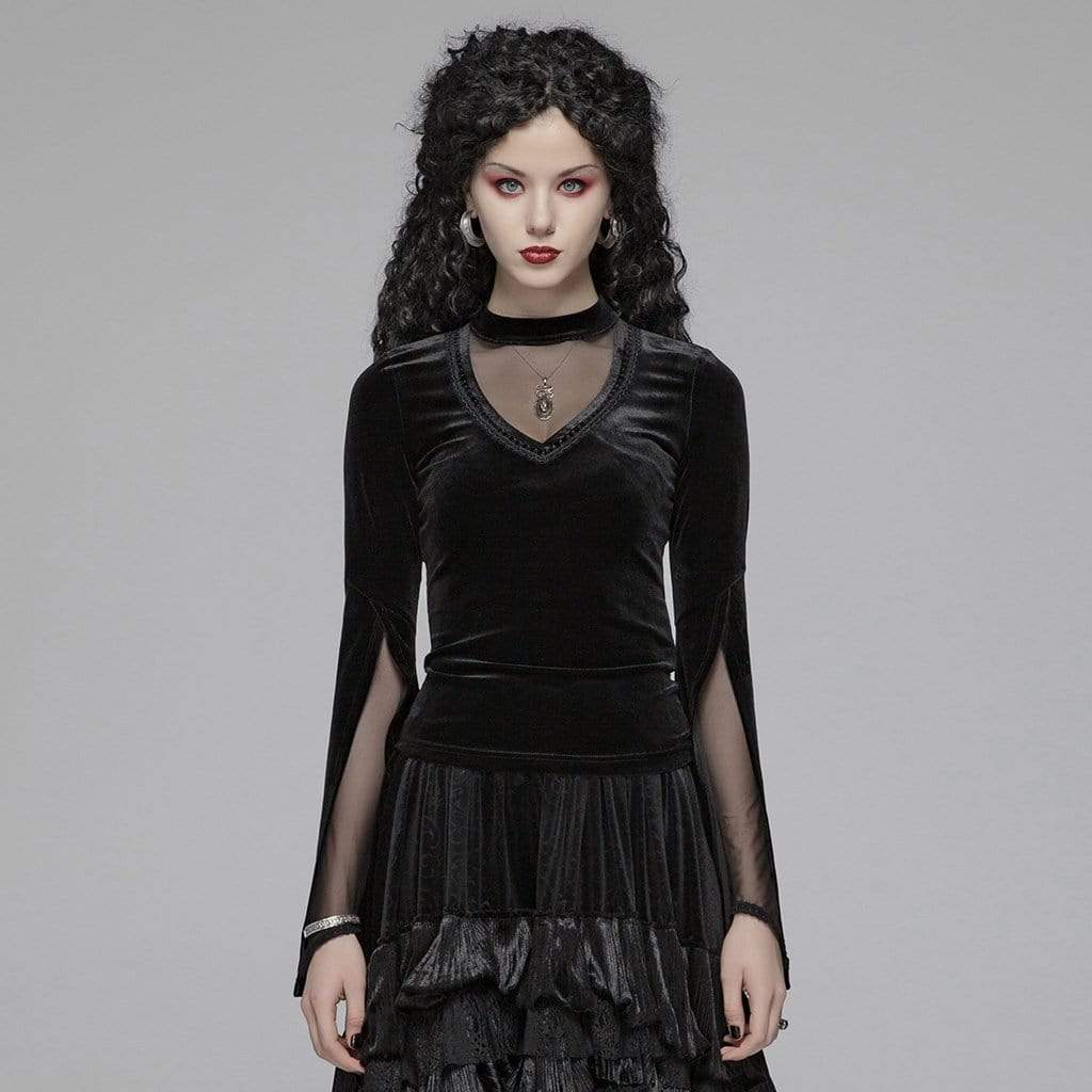 Women's Goth V-neck Velvet Tops With Slit Sleeves