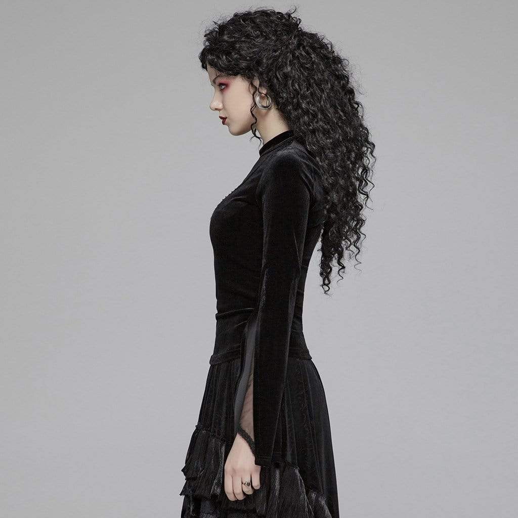 Women's Goth V-neck Velvet Tops With Slit Sleeves