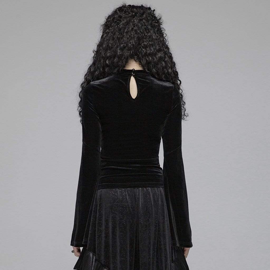 Women's Goth V-neck Velvet Tops With Slit Sleeves