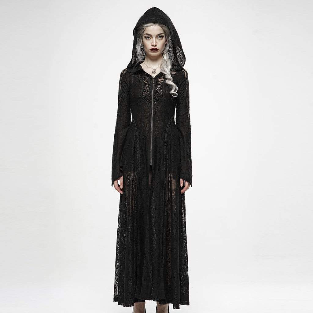 Women's Goth Yarn Zipper Fly Lace Long Dresses With Hood