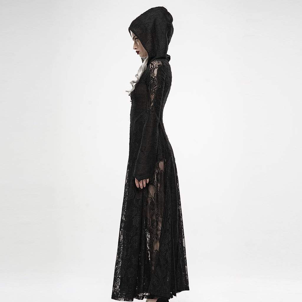 Women's Goth Yarn Zipper Fly Lace Long Dresses With Hood