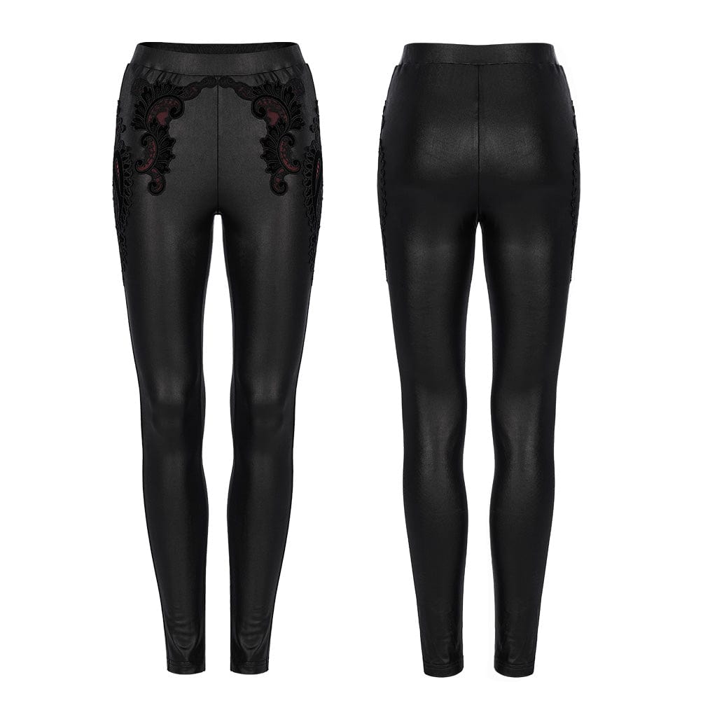 PUNK RAVE Women's Gothic Applique Faux Leather Leggings