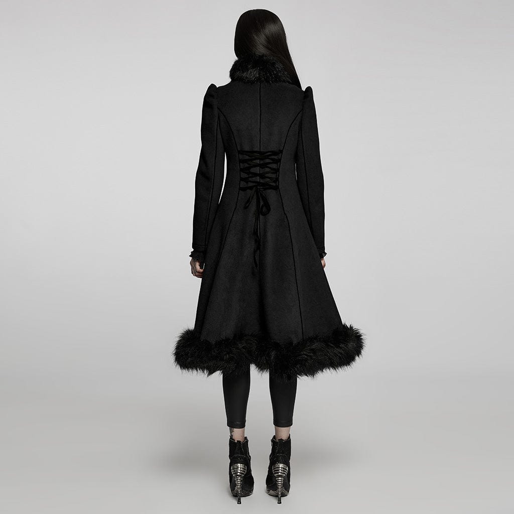 PUNK RAVE Women's Gothic Applique Single-breasted Faux Wool Maxi Coat