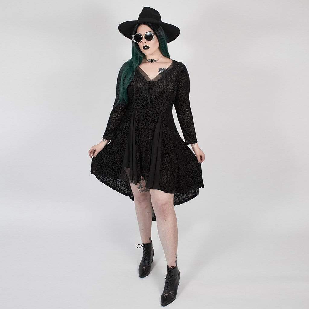 Women's Gothic Asymmetrical Black Dress with Full Sleeves and Net Details