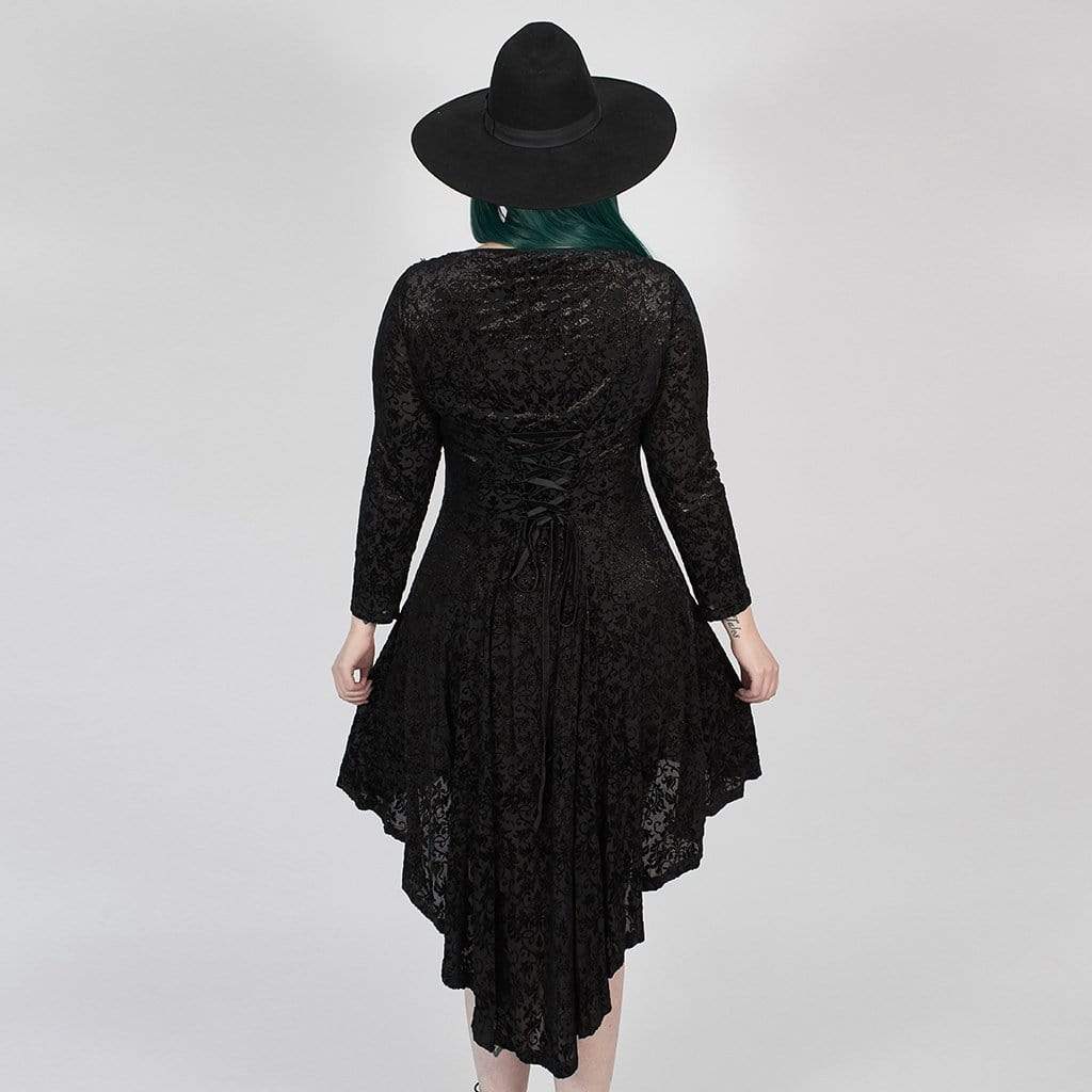 Women's Gothic Asymmetrical Black Dress with Full Sleeves and Net Details