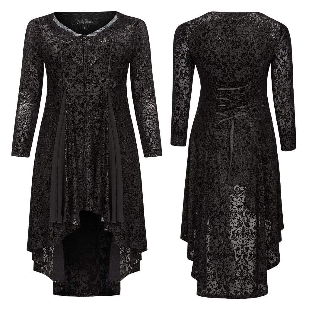 Women's Gothic Asymmetrical Black Dress with Full Sleeves and Net Details