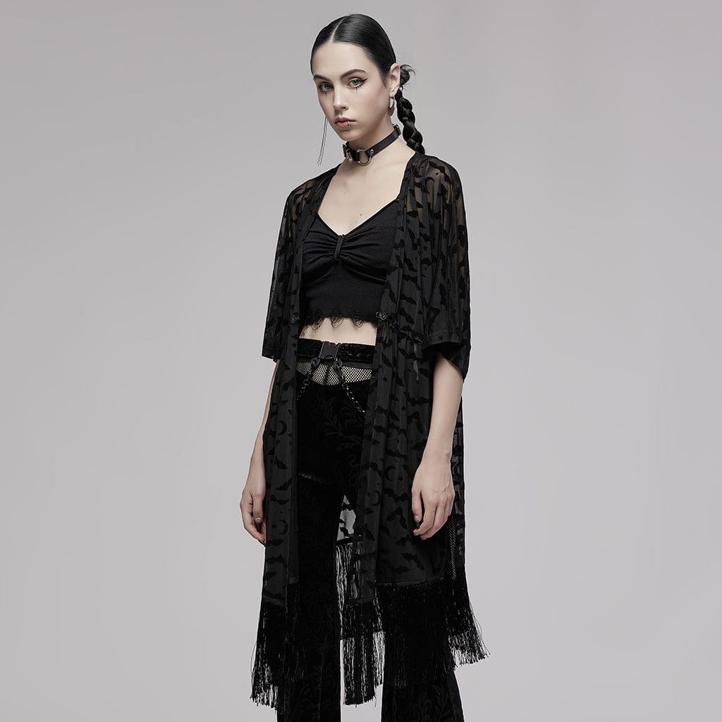 Punk Rave Women's Gothic Bat Printed Half Sleeve Tassels Cape Coat