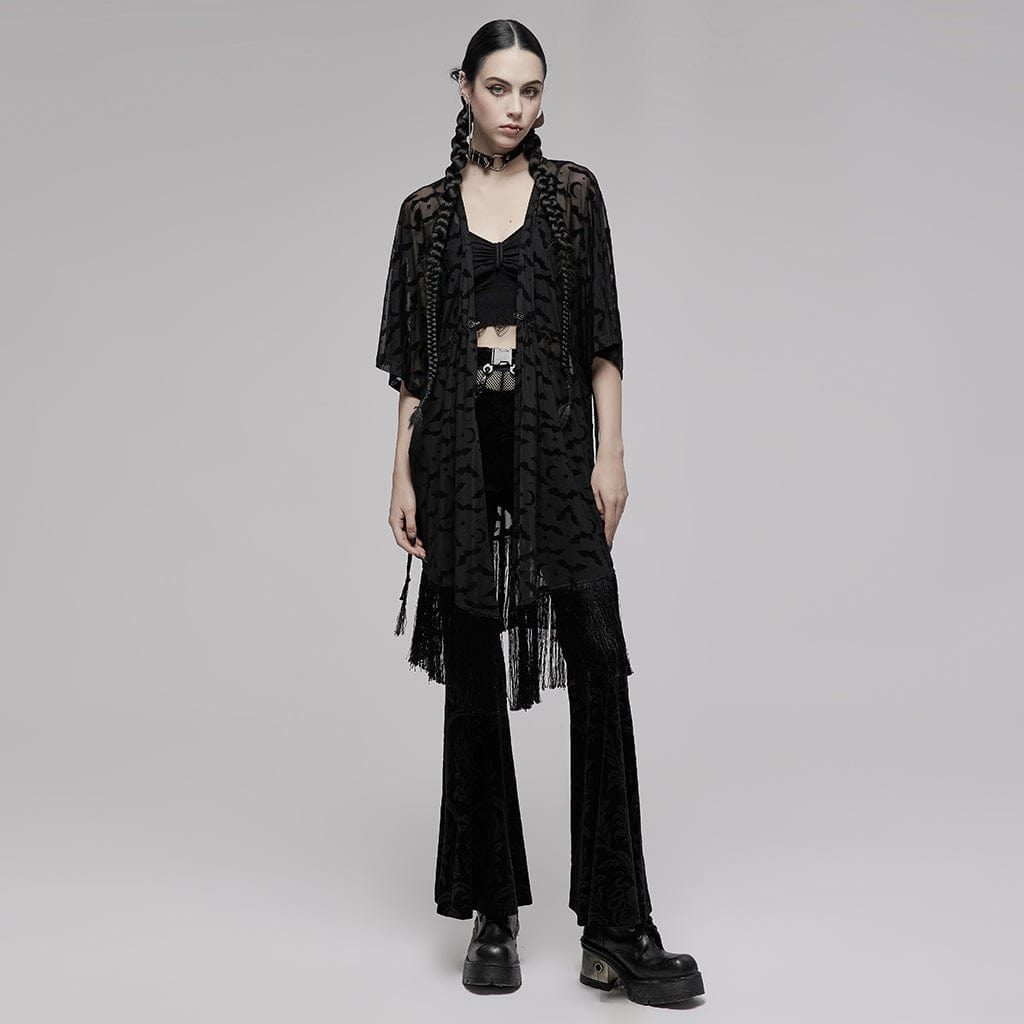 Punk Rave Women's Gothic Bat Printed Half Sleeve Tassels Cape Coat