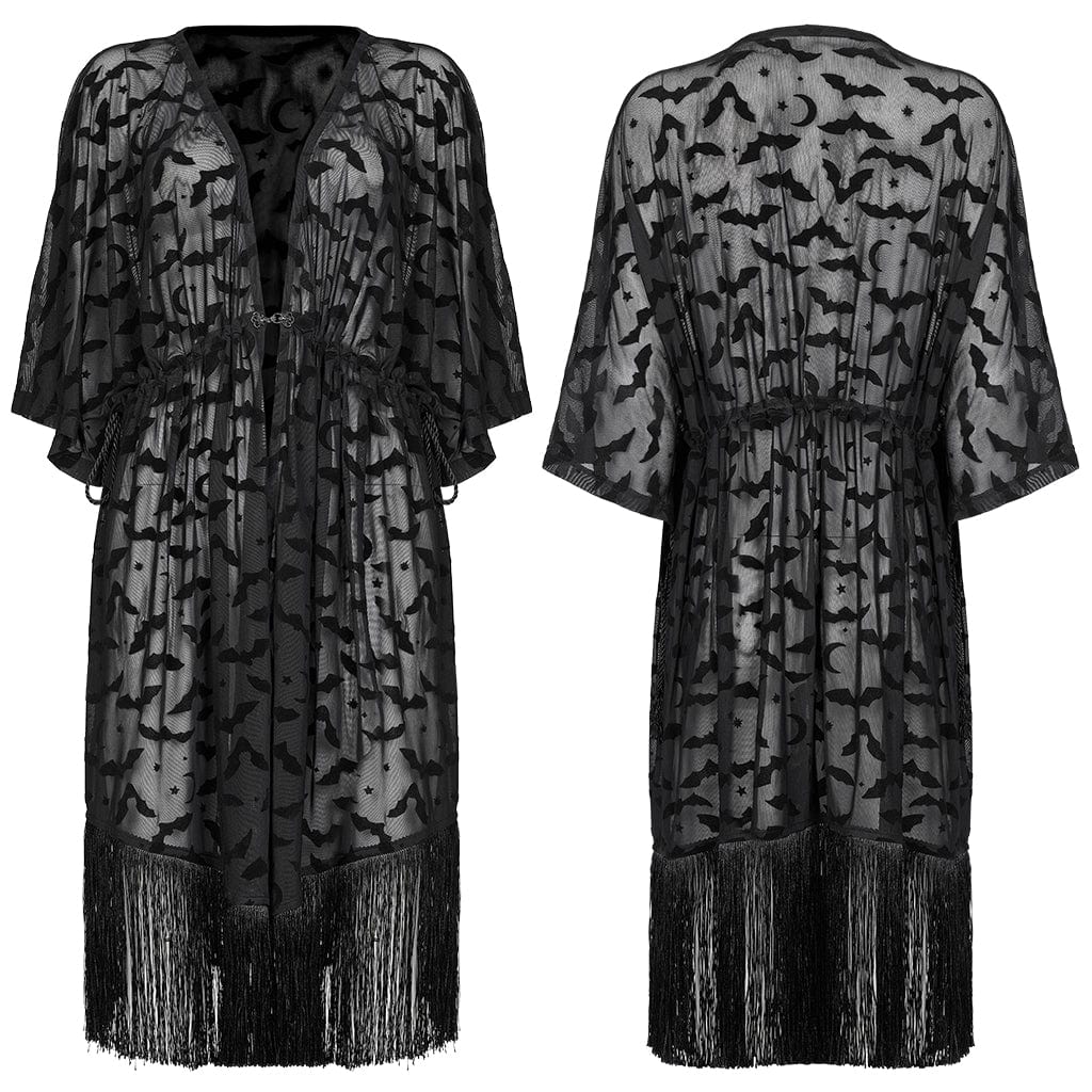 Punk Rave Women's Gothic Bat Printed Half Sleeve Tassels Cape Coat