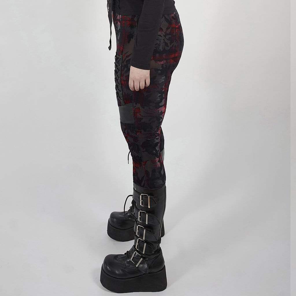 Women's Plus Size Gothic Black and Red Grungy Checked Velvet Leggings