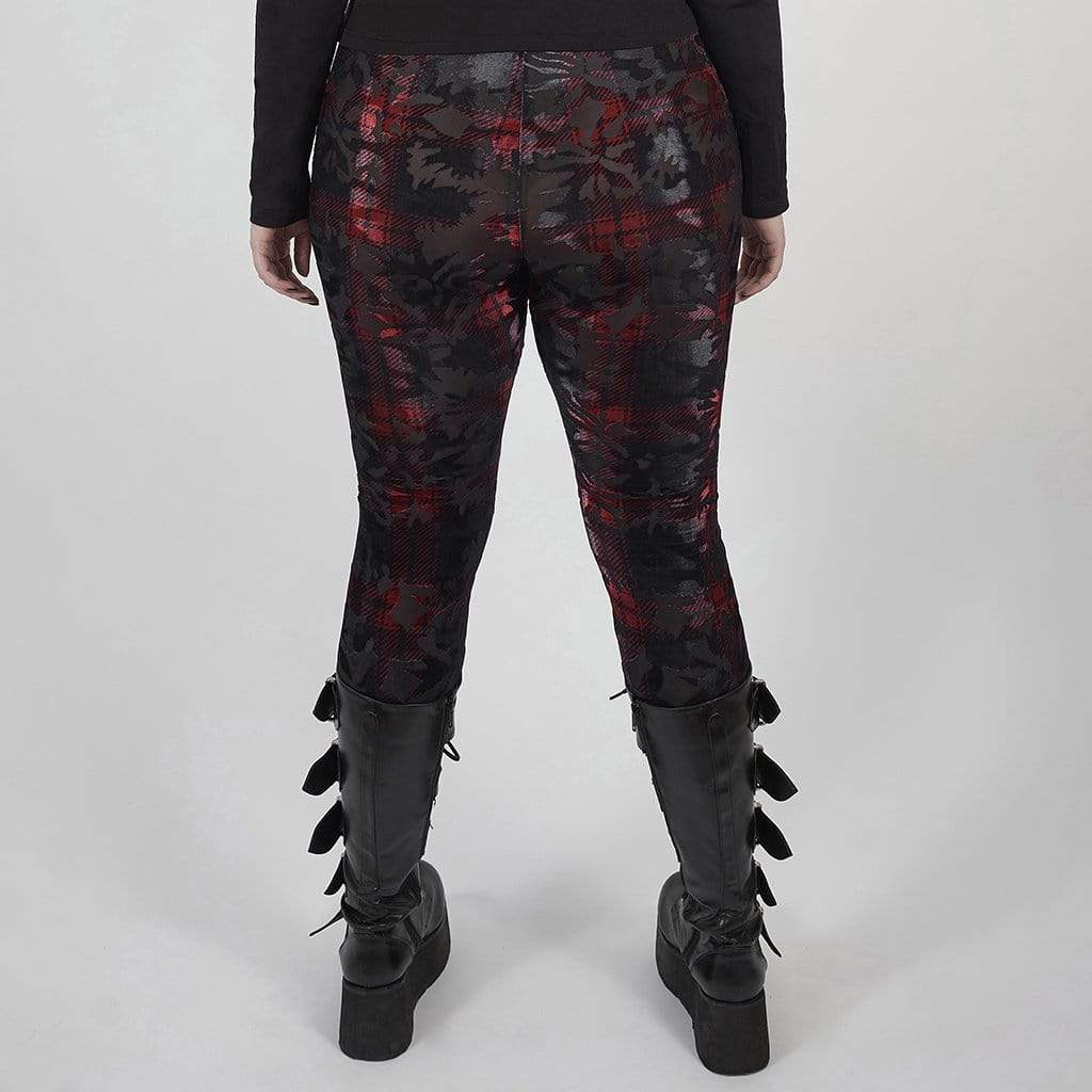 Women's Plus Size Gothic Black and Red Grungy Checked Velvet Leggings