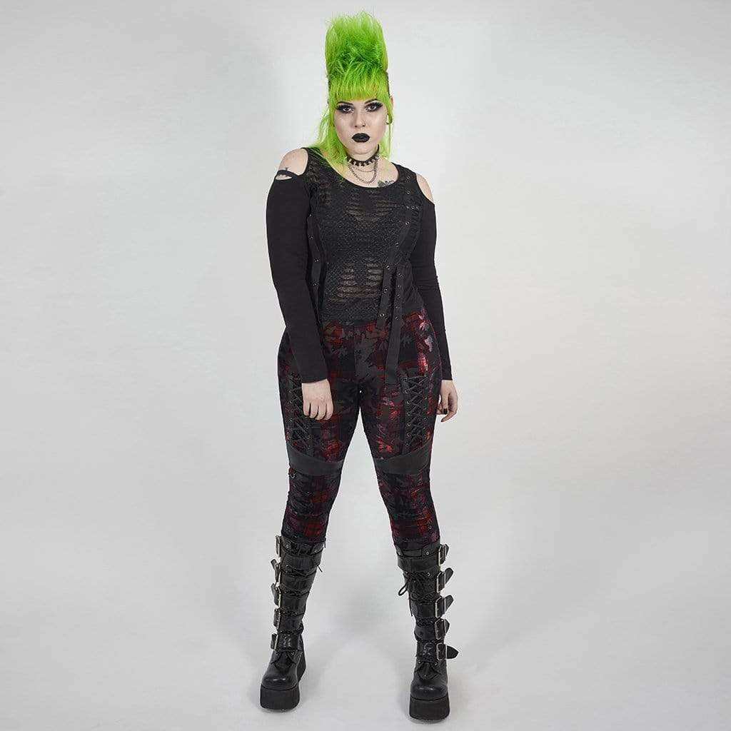 Women's Plus Size Gothic Black and Red Grungy Checked Velvet Leggings