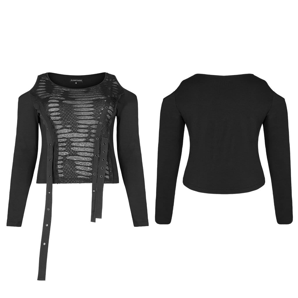 Women's Gothic Black Cold Shoulder Long Sleeve Short Tops